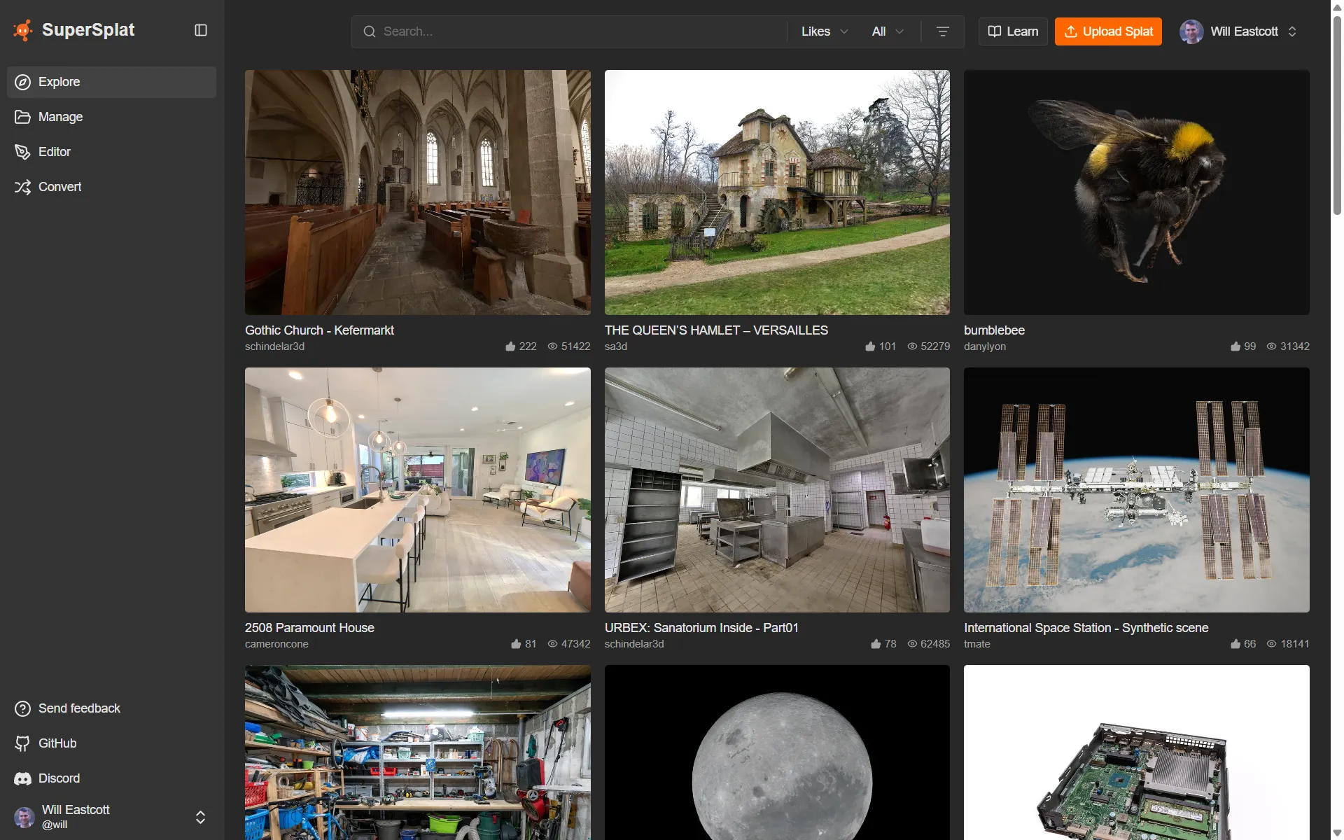 The SuperSplat Explore page — a grid of public splats