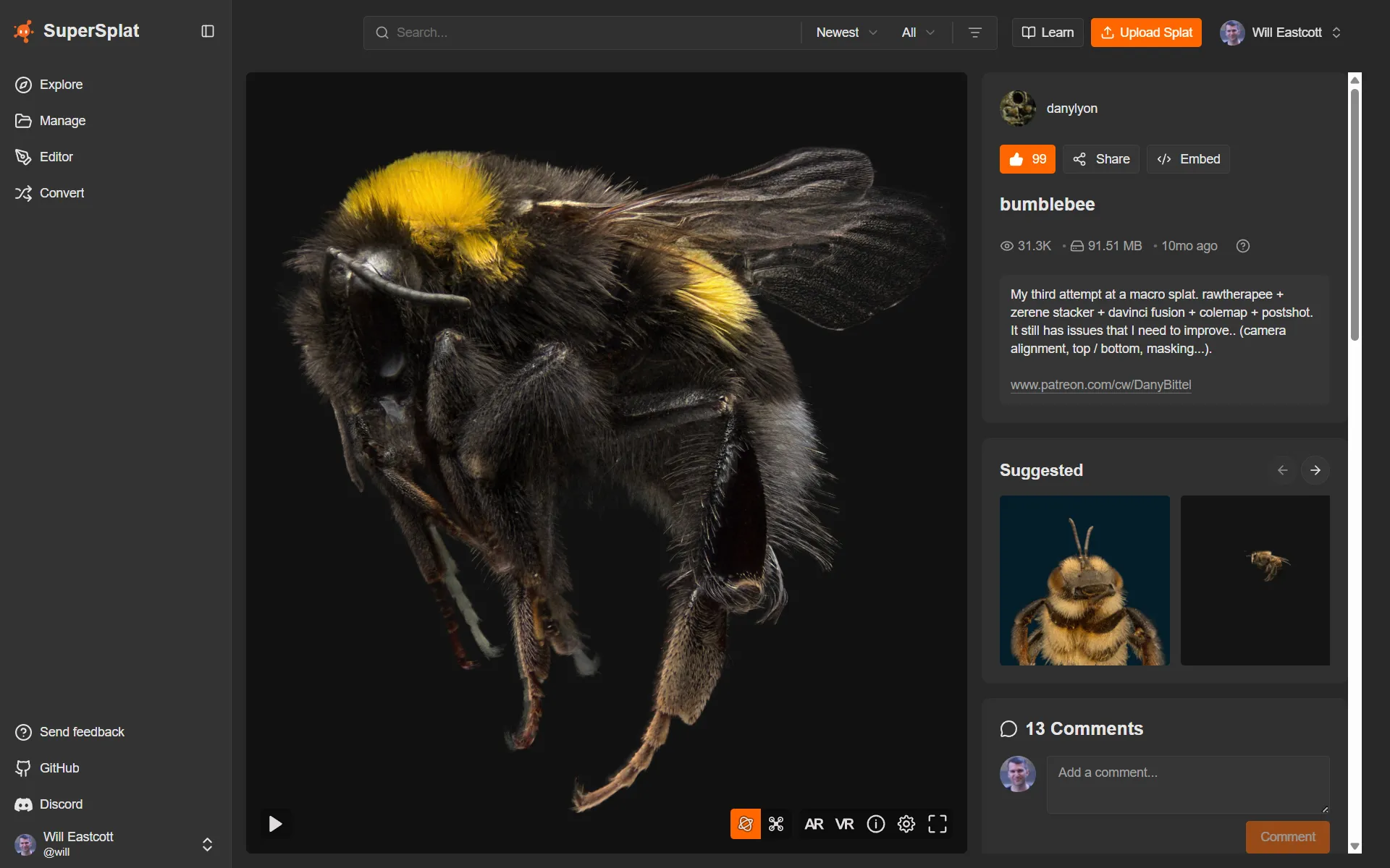 The bumblebee splat's scene page — a central embedded viewer beside a sidebar of metadata and actions