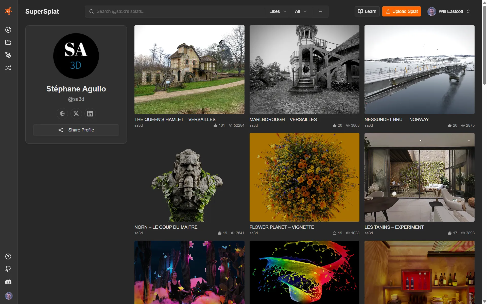 A creator's SuperSplat profile page — avatar, display name, social links, and a grid of their public splats