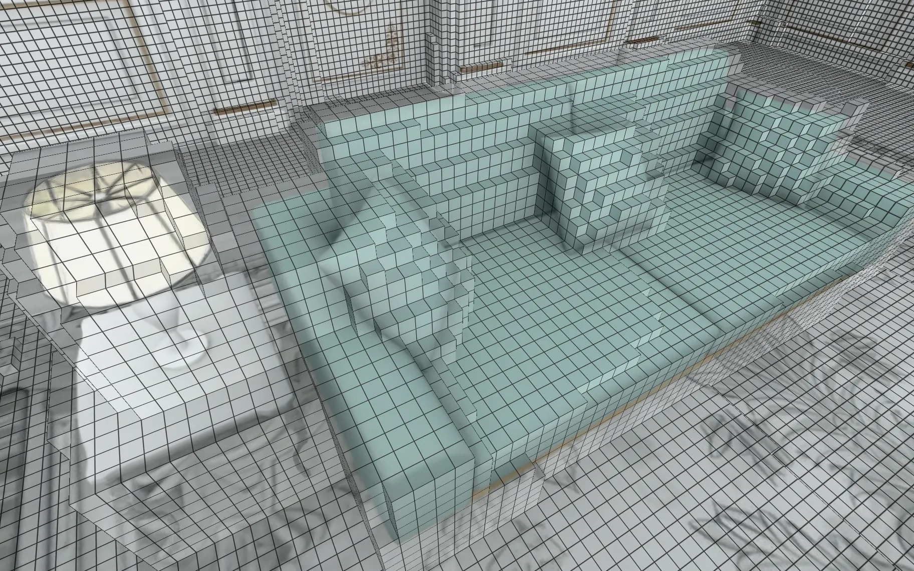 A splat with its voxel collision shown via debug rendering