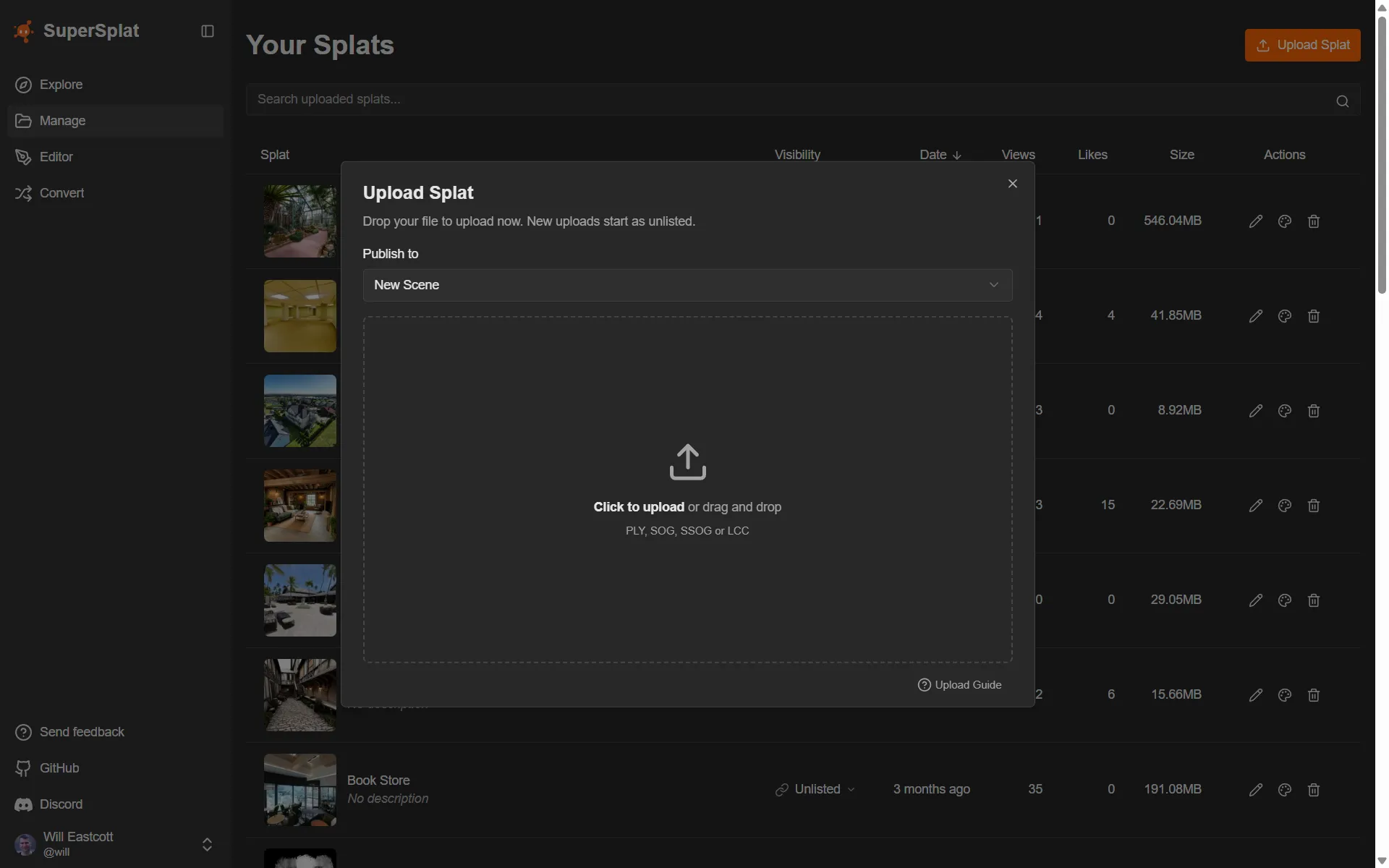 Upload Splatダイアログ — Publish to セレクタと、クリックまたはドラッグでファイルをドロップする領域